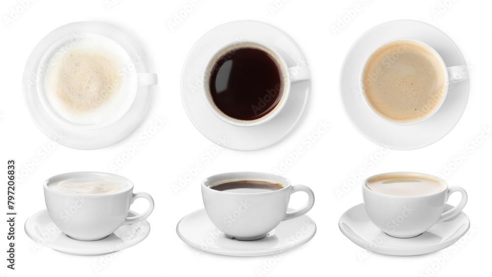 Cups of aromatic coffee isolated on white, top and side views Cups of aromatic coffee isolated on white, top and side views