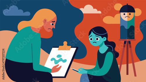 A person tearfully revealing their deepest fears and anxieties through abstract painting with the help and guidance of their the.. Vector illustration