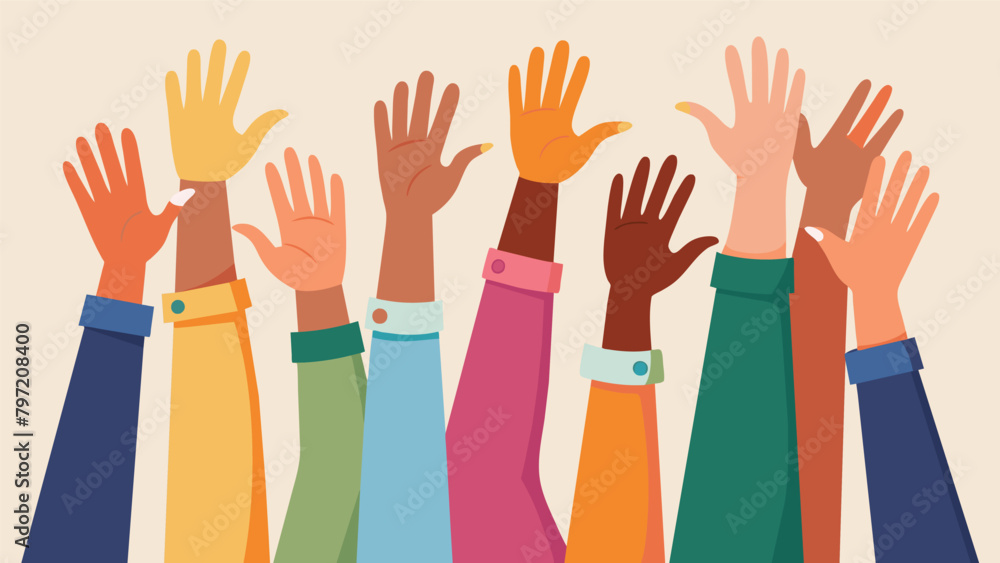 Hands raised in solidarity as workshop participants engage in a group activity focused on promoting equal rights and representation for marginalized. Vector illustration Hands raised in solidarity as workshop participants engage in a group activity focused on promoting equal rights and representation for marginalized. Vector illustration