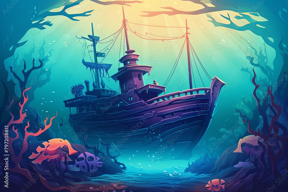 Obraz premium Sunken Pirate Ship: Vintage Sea Exploration Gradients Poster