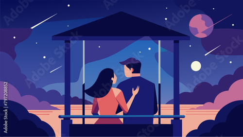 As the stars le in the sky a couple embraces on a porch swing talking about their undying love their journey together and their excitement for what. Vector illustration