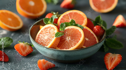 Bowl with fresh ripe citrus fruits on grey table, closeup
generativa IA