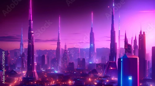 A Futuristic Night Skyline Illuminated by Neon Lights photo
