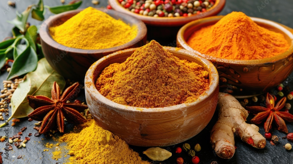 Spices curry powder, turmeric ginger and bay leaf foods 