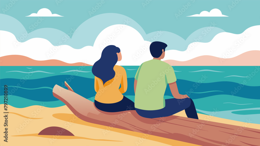 Waves lapped gently at the shore as the couple sat on a driftwood log reconnecting through nostalgic memories and heartfelt discussions.. Vector illustration