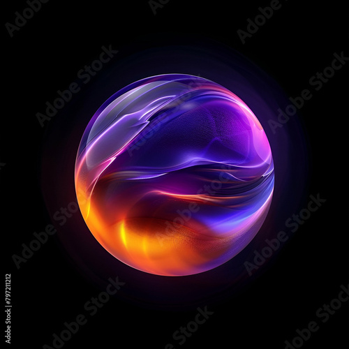 Simple sleek flowy space liquid-electricity power inside of sphere visual voice assistant design, minimalistic, purple orange and blue, smooth energy, isolated on black background, 3D rendering
