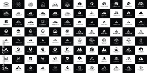 Mountain silhouette icon set logo design. Collection of simple abstract mount, peak, summit logo vector.