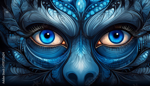 Intense blue eyes illustration on dark background
