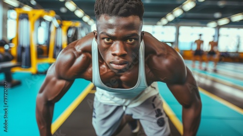 Focused athletic man training at gym, symbolizing dedication during Summer Olympic Games preparation, vibrant colors of sportswear enhance dynamic atmosphere.