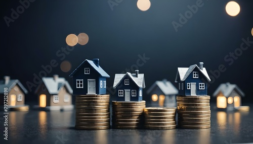 Miniature houses on coin stacks depict the growth in property investment. A metaphor for financial ascent