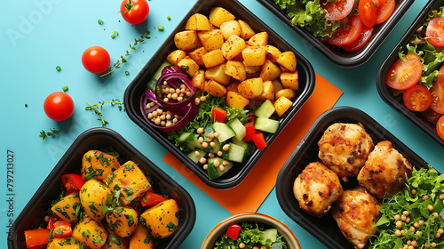 Top view of mediterranean chicken and falafel meals with salad, roasted potatoes and pickled vegetables in takeout containers on blue background and orange placemat photo