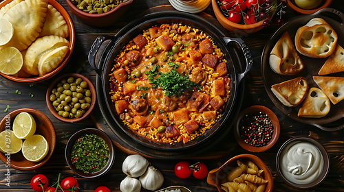 Top view of metal pan with cooked dish from the region of murcia in spain placed on table among bowls with ingredients photo