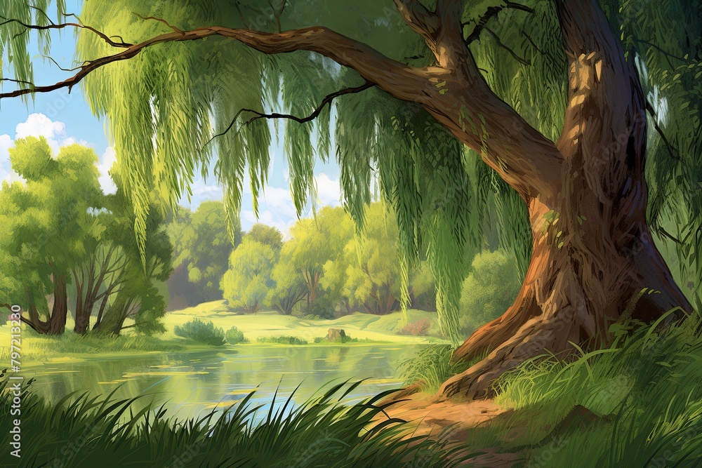 Obraz premium Whispering Willow: Enchanting Gradients in a Nature-Themed Children's Storybook
