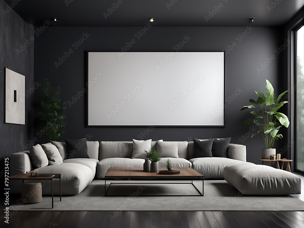 Large empty screen in a living room interior on an empty dark wall background design,3D rendering Large empty screen in a living room interior on an empty dark wall background design,3D rendering