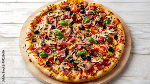 Top view VERY HOT Italian Pizza on white wooden table with mushrooms, basil, tomato, olives and cheese, Look as Prosciutto, Capricciosa, HOMEMADE PIZZA with decoration, Photo with space for text, 