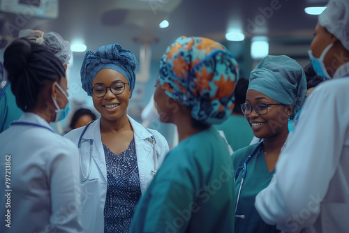 A team of African female doctors discussing and commenting on work matters at a hospital. Concept of medicine, health, empowerment, and patient care. photo