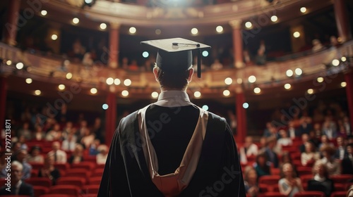 A student wearing a cap and gown stands on a stage in front of an audience. photo