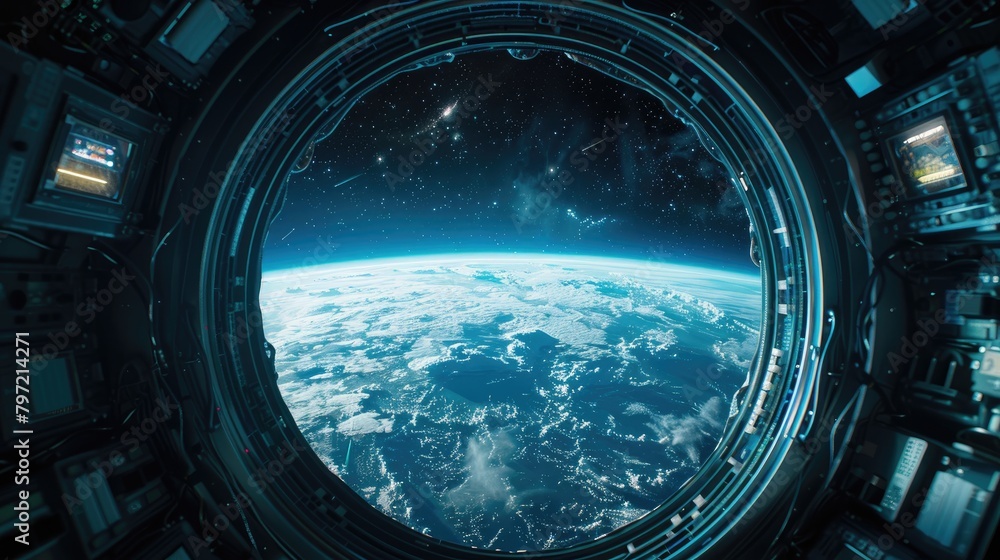 A view of Earth from the window of a spaceship. A view of Earth from the window of a spaceship.