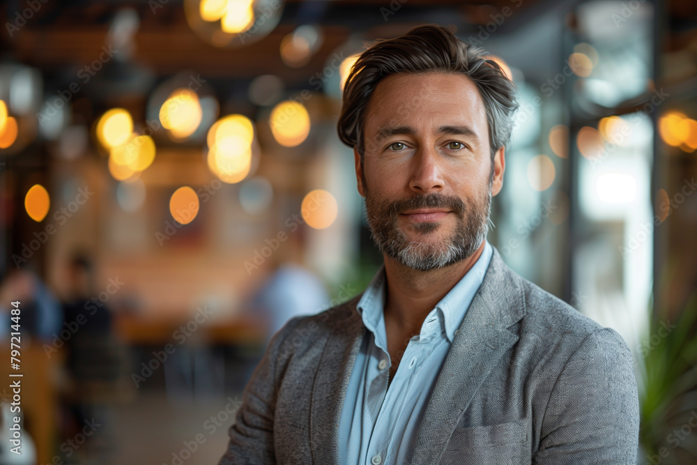 In a stylish office environment, a middle-aged businessman with a beard exudes authority and sophistication in his portrait. In a stylish office environment, a middle-aged businessman with a beard exudes authority and sophistication in his portrait.