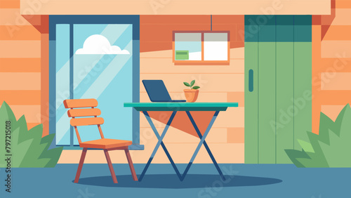 A compact foldable table and chair are utilized in a small balcony or patio space creating a refreshing and peaceful outdoor home office setup