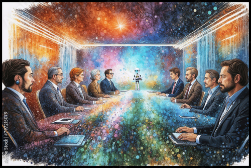 Business professionals sit around a conference table with a robot standing at one end, the room is set against a cosmic backdrop that resembles a starry night sky.