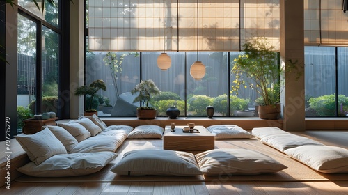 In a Minimalist Japanese Bedroom featuring Flexible Seating, a floor seating sofa with large and comfortable cushions is arranged invitingly for relaxation or social gatherings, complemented by floor 