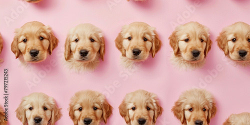 Row of many adorable golden retriever puppies lined up on pink background, cute pet portraits concept for dog lovers