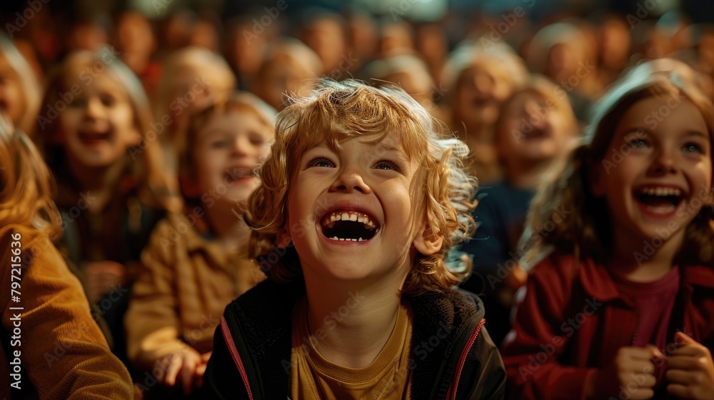 A young boy with curly blond hair is sitting in a crowded theater, watching a performance. He is smiling and laughing with joy.