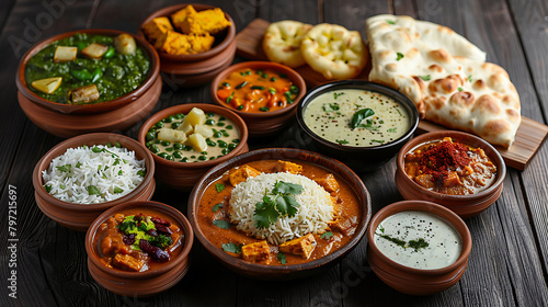 Assorted indian food on dark wooden background, Dishes and appetizers of indian cuisine, Curry, butter chicken, rice, lentils, paneer, samosa, naan, chutney, spices, Bowls and plates with indian food