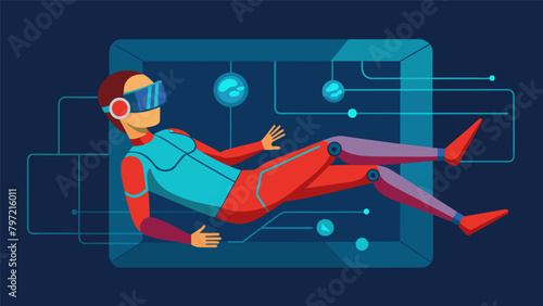 A person lying in a chamber completely immersed in a virtual reality world through a fullbody neural interface suit..