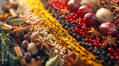 Background with spices ( turmeric , star anise , barberry , allspice , cloves , paprika) photo