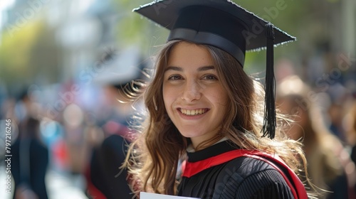 A young woman in a graduation cap and gown smiles happily.