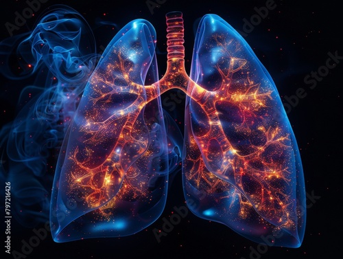 Lungs damaged by smoking. illustration of lungs in blue and red hologram style