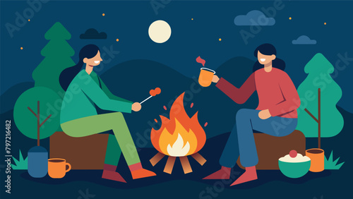 A pair of buddies who were once inseparable rekindling their friendship over smores and hot cocoa around a roaring firepit.. Vector illustration