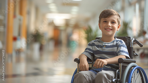 Inclusive healthcare environment for children with disabilities in a hospital, featuring a disabled boy in a wheelchair receiving medical care and support.