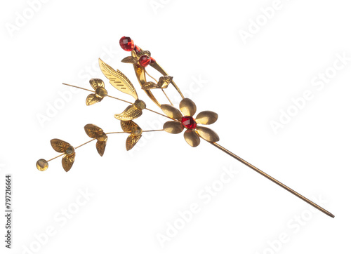 Chinese barrette hairpin to attach on hair style. Japanese hairpin gold jewelry ornament for wedding event. Luxury Barrette hair pin float fly in air. White background isolated