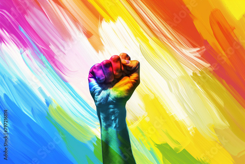 Fist raised in fight on a rainbow background, a poignant depiction of the ongoing struggle for lgbt rights and acceptance photo
