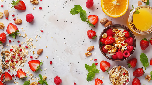 Breakfast with muesli, strawberry salad, fresh fruit, orange juice, nuts on white background, Healthy food concept, Flat lay, top view