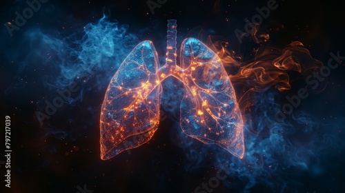 lungs in hologram style with damaged spot in black background