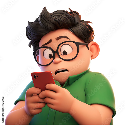 A young Asian cartoon character looking bewildered as he gazes at his smartphone