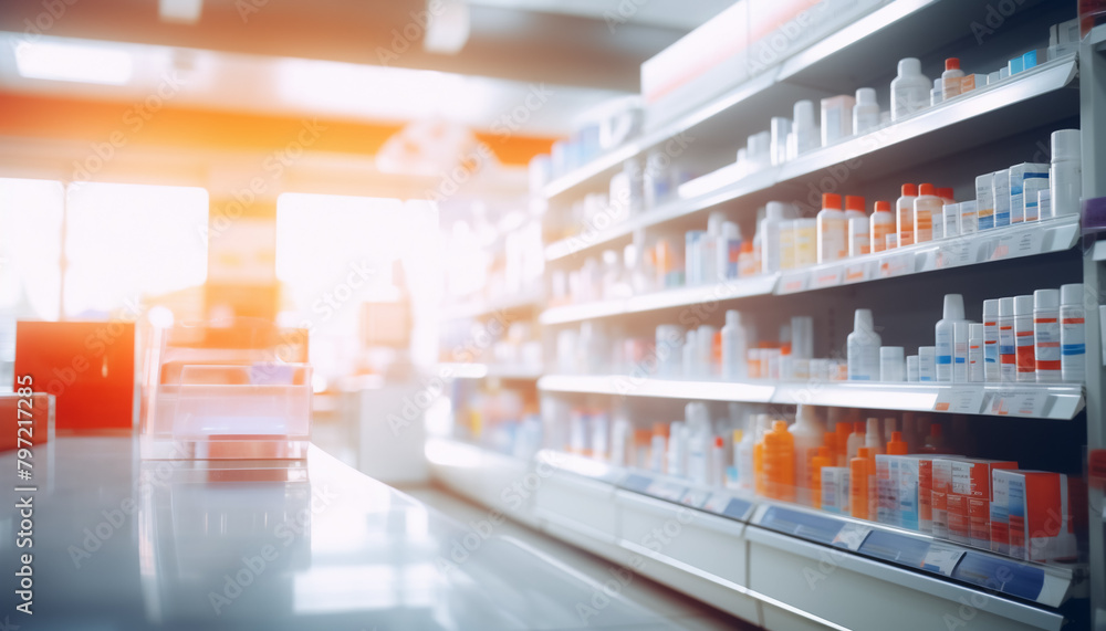 The blurred abstract background of the pharmacy.