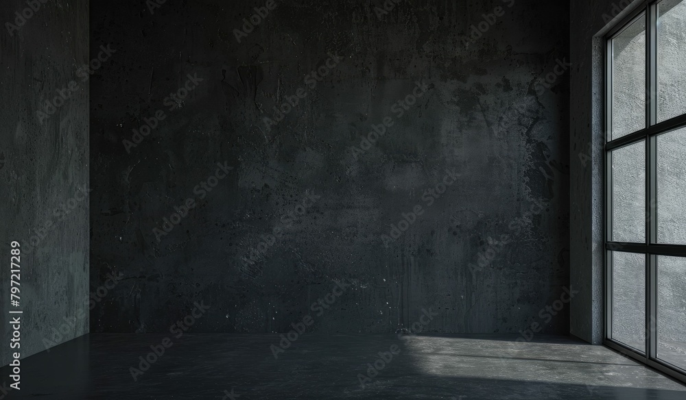 Dark and moody interior of an empty room with a large window, featuring textured concrete walls and a subtle light coming through the window. Dark and moody interior of an empty room with a large window, featuring textured concrete walls and a subtle light coming through the window.