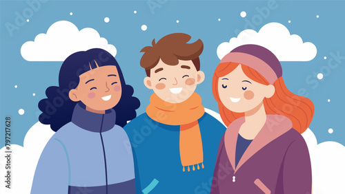Despite the frigid temperatures the friends lean in closer to each other their breaths creating small clouds in front of their faces.. Vector illustration