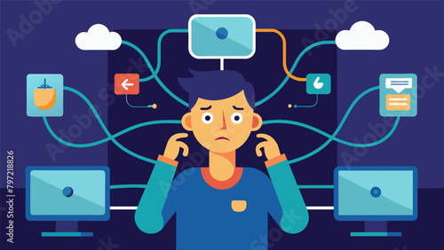 A person with a puzzled expression surrounded by tangled wires and computer screens representing the misconception that managing finances is