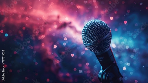 microphone on stage with colorful lights in the background