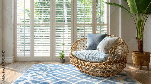 A Coastal Style Home features white plantation shutter windows, breezy curtains, and a rattan rug on the wooden floor. An intricately patterned light blue and white rug adorns the sunroom's floor photo