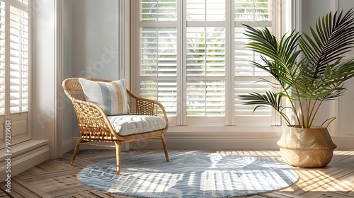 A Coastal Style Home features white plantation shutter windows, breezy curtains, and a rattan rug on the wooden floor. An intricately patterned light blue and white rug adorns the sunroom's floor photo