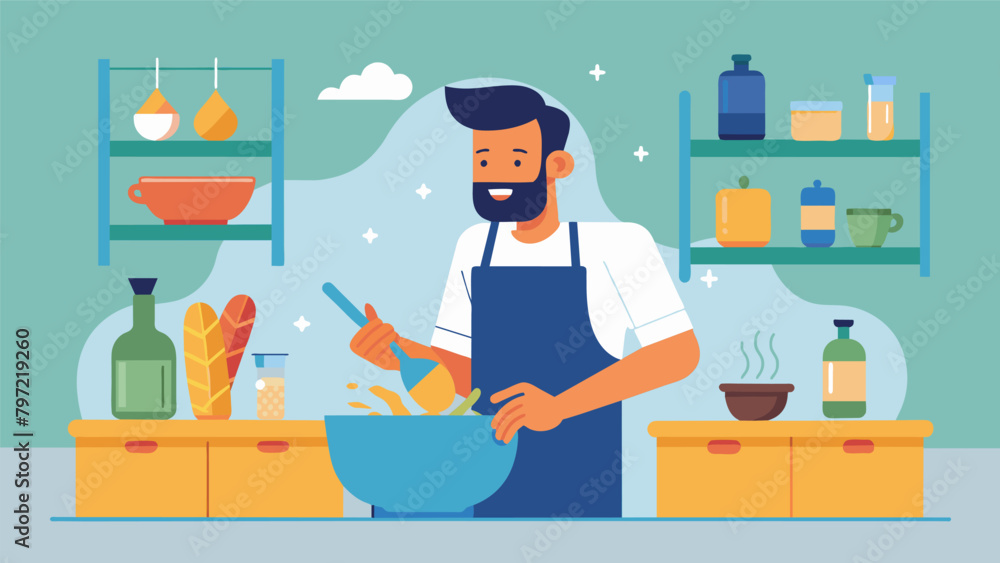 The kitchen is filled with the sounds of sizzling and chopping as the man prepares a hearty grain bowl packed with nutritious ingredients.. The kitchen is filled with the sounds of sizzling and chopping as the man prepares a hearty grain bowl packed with nutritious ingredients..
