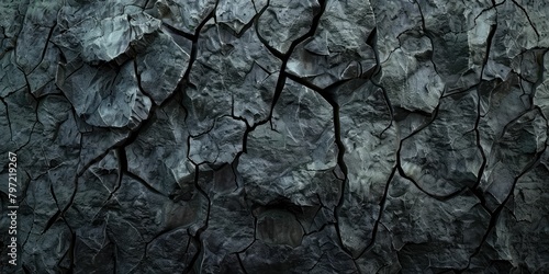 Close-up of a textured dark grey rock surface with deep cracks and rugged texture, suitable for backgrounds or abstract designs.