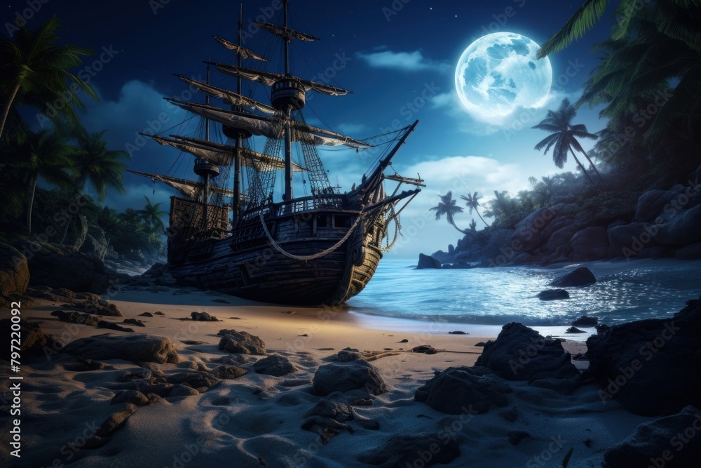 Fototapeta premium Pirate shipwreck beach land astronomy.
